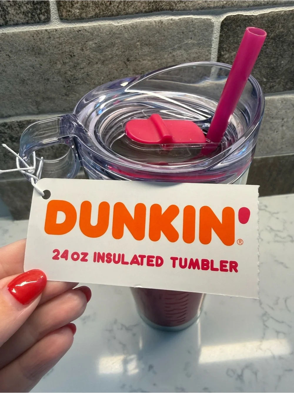 NEW RARE DUNKIN Donuts Pink Foil Metallic 24oz Insulated Tumbler Loop Travel Mug